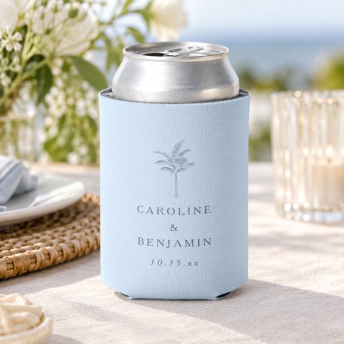 Minimalist Blue Palm Tree Line Art Custom Wedding Can Cooler