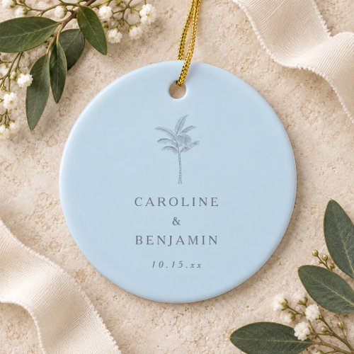 Minimalist Blue Palm Tree Line Art Custom Wedding Ceramic Ornament