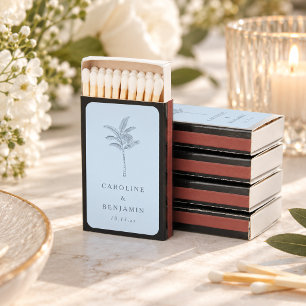 Minimalist Blue Palm Tree Line Art Custom Wedding Matchboxes