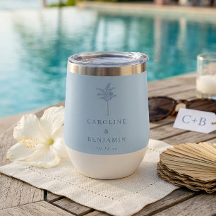 Minimalist Blue Palm Tree Line Art Custom Wedding Thermal Wine Tumbler