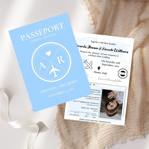 Minimalist Blue Passport Photo Wedding Invitation