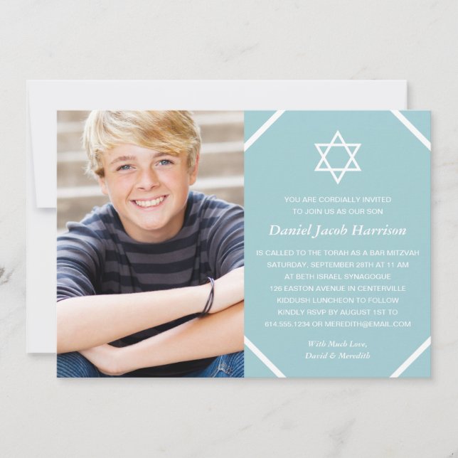 Minimalist Blue Photo Bar Mitzvah Invitation (Front)