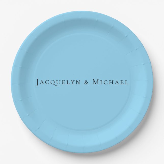 Minimalist Blue Plain Elegant Claasical Name Paper Plates (Front)