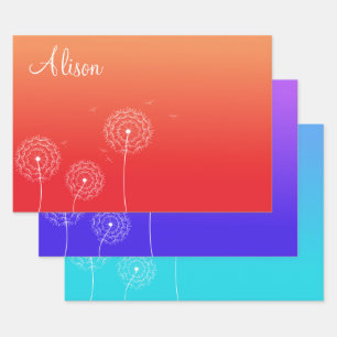 Minimalist Blue Purple Orange Dandelion Seed Name Wrapping Paper Sheets