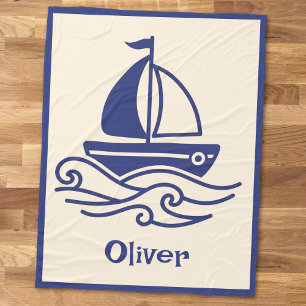 Minimalist Blue Sailboat Sailing Maritime Fleece Blanket