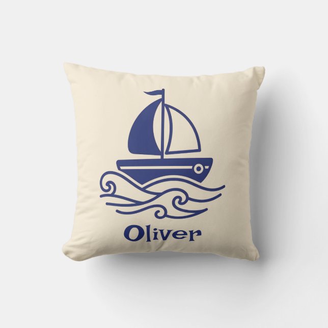 Minimalist Blue Sailboat Sailing Maritime Throw Pillow (Front)