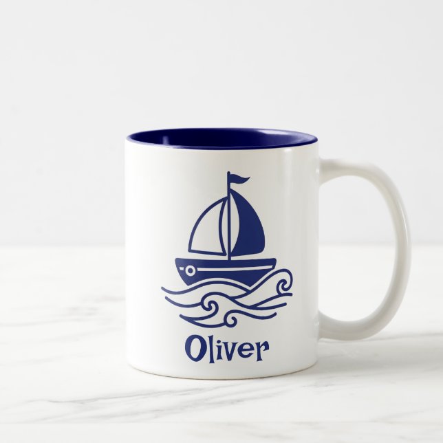 Minimalist Blue Sailboat Sailing Maritime Two-Tone Coffee Mug (Right)