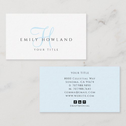 Minimalist Blue Script Monogram Name Business Card