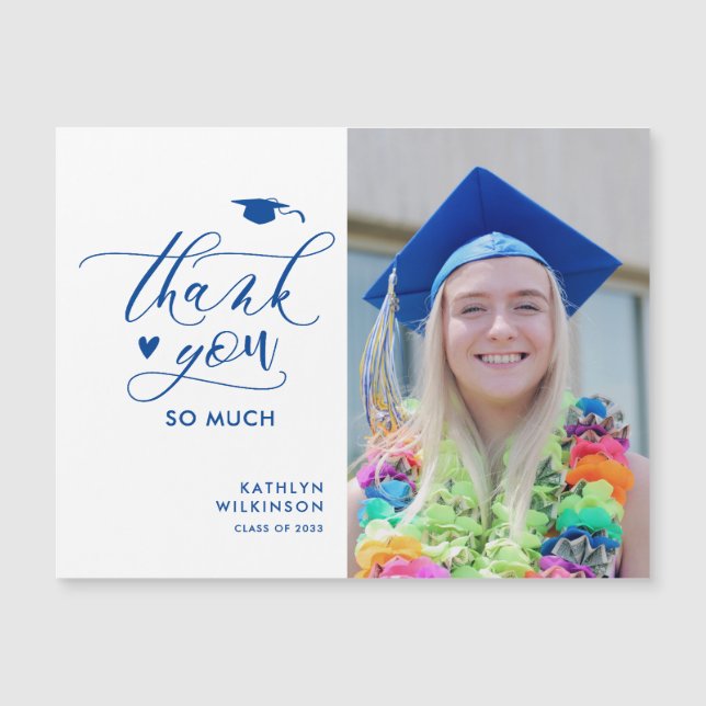 Minimalist Blue Script Photo Graduation Thank You (Front)