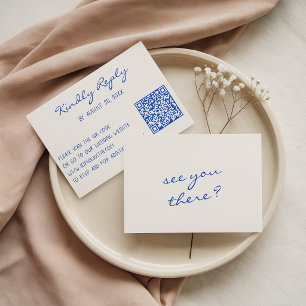 Minimalist Blue Script QR Code Wedding Website RSVP Card