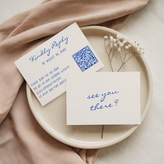 Minimalist Blue Script QR Code Wedding Website RSVP Card