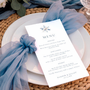 Minimalist Blue Snowflake Winter Wedding Menu