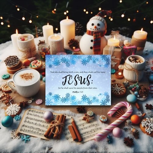 Minimalist Blue Snowflakes Gold Jesus Bible Verse Foil Holiday Card