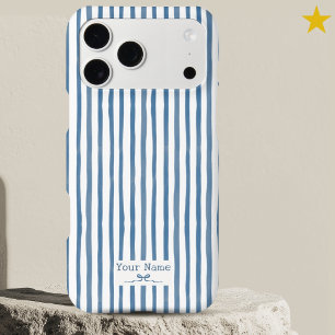 Minimalist Blue Striped Watercolor Custom Name Bow iPhone 17 Pro Max Case