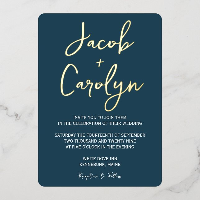 Minimalist Blue Teal and Gold Wedding Foil Invitation (Front)