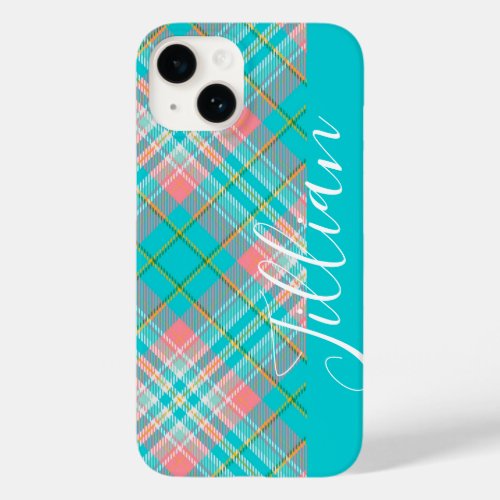 Minimalist Blue Teal and Pink Plaid Custom Name Case_Mate iPhone 14 Case