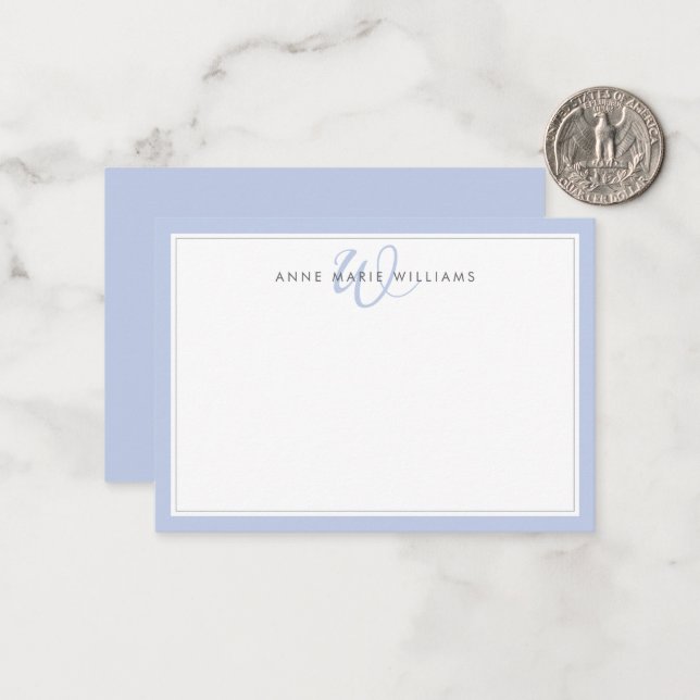 Minimalist Blue Two Border Monogram Note Card (Front/Back In Situ)