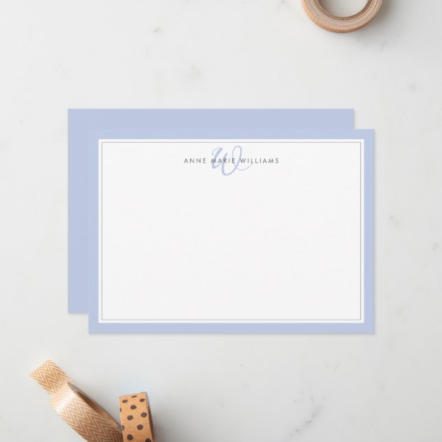 Minimalist Blue Two Border Monogram Note Card (Front/Back In Situ)