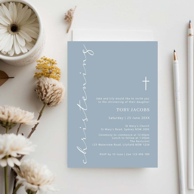 Minimalist Blue Typography Christening Invitation (Creator Uploaded)