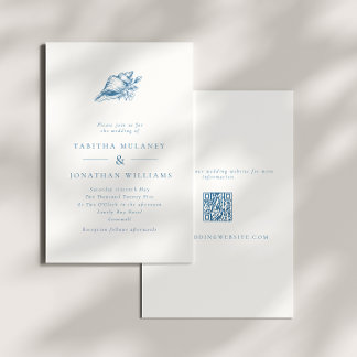 Minimalist Blue Vintage Seashell QR Code Wedding Invitation
