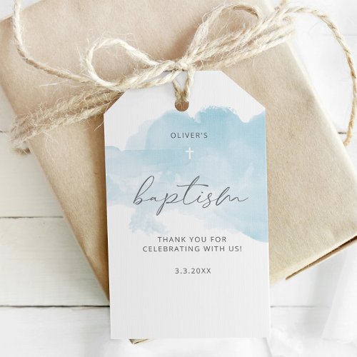Minimalist blue watercolor baby boy baptism gift tags