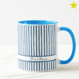 Minimalist Blue Watercolor Stripes Custom Name Mug