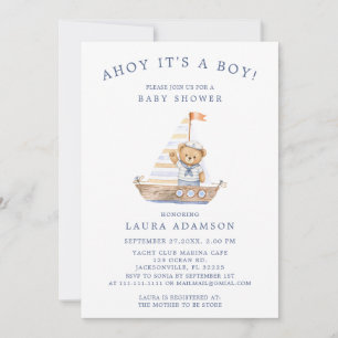 Minimalist Blue Watercolor Teddy Bear Sailor Invitation