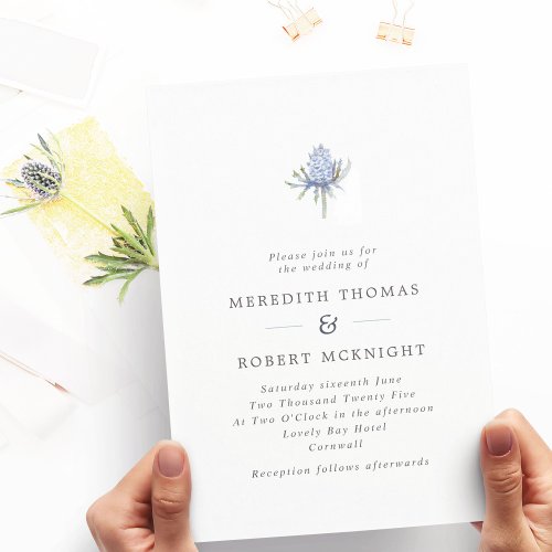 Minimalist Blue Watercolor Thistle Wedding Invitation