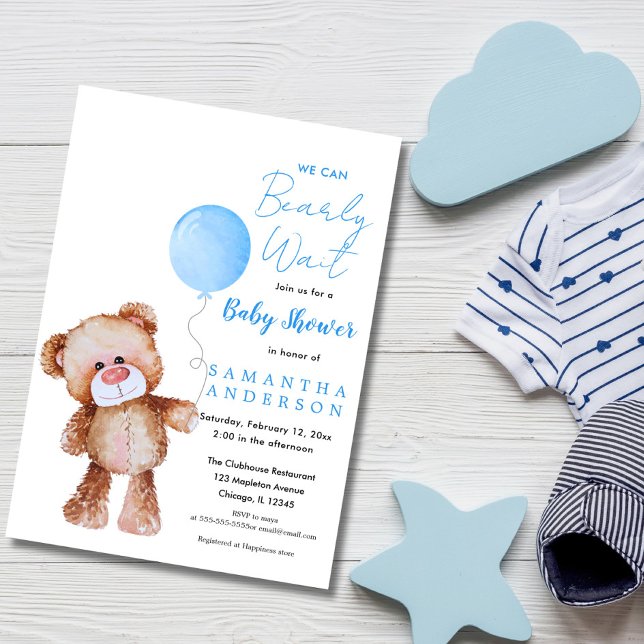 Minimalist Blue 'We Can Beary Wait!' Baby Shower Invitation (WE CAN BEARLY WAIT BOY BABY SHOWER INVITATION)
