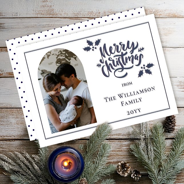 Minimalist Blue White Arched Photo Merry Christmas Letterpress Photo Cards (Elegant Minimalist Arched Photo "Merry Christmas" Holly Letterpress Photo Card - Midnight Blue White)