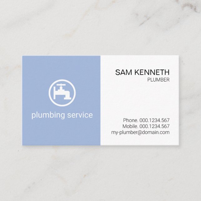 Minimalist Blue White Box Plumbing Plumber Business Card (Front)