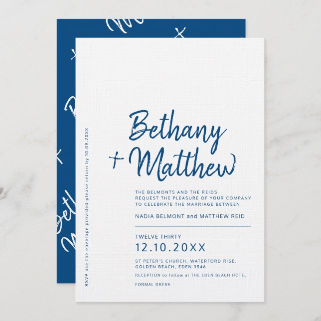 Minimalist blue white calligraphy script wedding invitation (Front/Back)