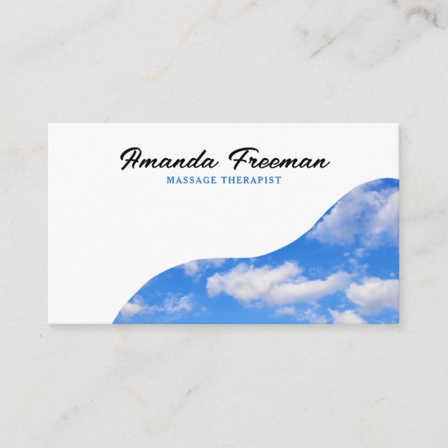 Minimalist Blue & White Cloudy Sky Massage Therapy Business Card (Front)