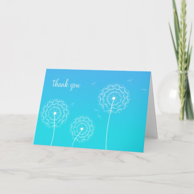 Minimalist Blue White Dandelion Flower Thank You  Card (Front)