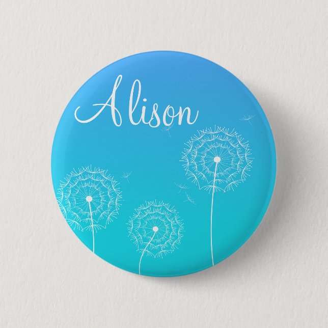 Minimalist Blue White Dandelion Flowers Name Pinback Button (Front)