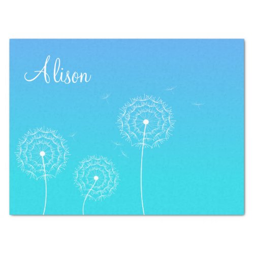 Minimalist Blue White Dandelion Name Cute Floral  Tissue Paper