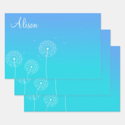 Minimalist Blue White Dandelion Name Cute Floral  Wrapping Paper Sheets