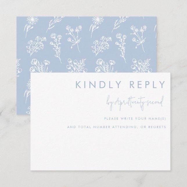 Minimalist Blue White Floral Modern Wedding Reply RSVP Card (Front/Back)
