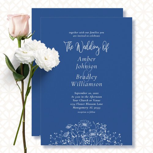 Minimalist Blue White Floral Photo QR Code Wedding Invitation