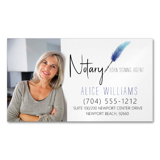 Minimalist Blue & White Notary Photo Business Card Magnet (Front)