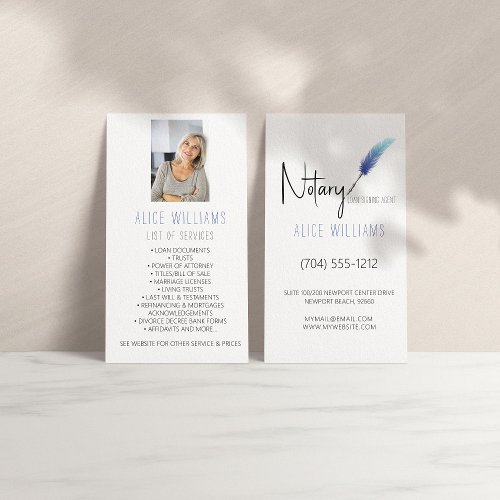 Minimalist Blue  White Notary Photo Vertical  Business Card