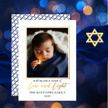 Minimalist Blue White Photo Love | Light Hanukkah Foil Holiday Card<br><div class="desc">Your single photo brings this minimalist gold foil "Love and Light" Hanukkah design to life,  creating a keepsake for your recipients that they can cherish for years to come.  The back features a simple overlapping square pattern in coordinating blue and white.  Composite design by Holiday Hearts Designs.</div>