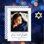 Minimalist Blue White Photo Love | Light Hanukkah Holiday Card<br><div class="desc">Your single photo brings this minimalist "Love and Light" Hanukkah design to life,  creating a keepsake for your recipients that they can cherish for years to come.  The back features a simple overlapping square pattern in coordinating blue and white.  Composite design by Holiday Hearts Designs.</div>