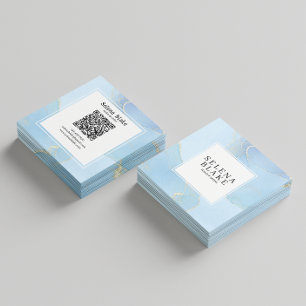 Minimalist Blue & White Square Style + QR Code Business Card