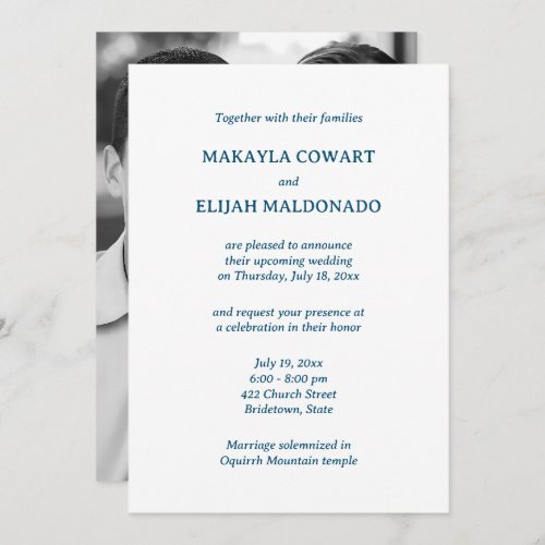 Minimalist Blue  White Temple Wedding Reception Invitation