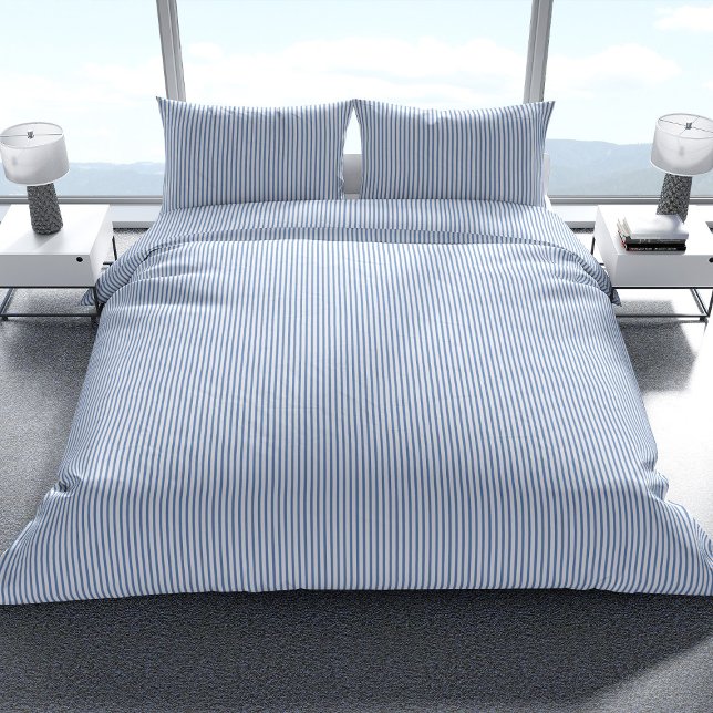 Minimalist Blue White Vertical Pinstripe Duvet Cover (Blue and white pinstripe duvet cover on bed)
