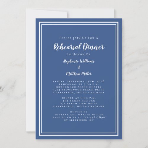 Minimalist Blue White Wedding Rehearsal Dinner Invitation