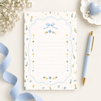 Minimalist Blue Wildflower Lined Stationery Paper