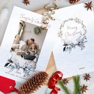 Minimalist Blue Wreath Couple Christmas Photo Holiday Card