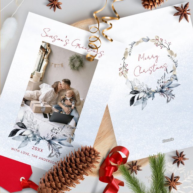 Minimalist Blue Wreath Couple Christmas Photo Holiday Card (Creator Uploaded)